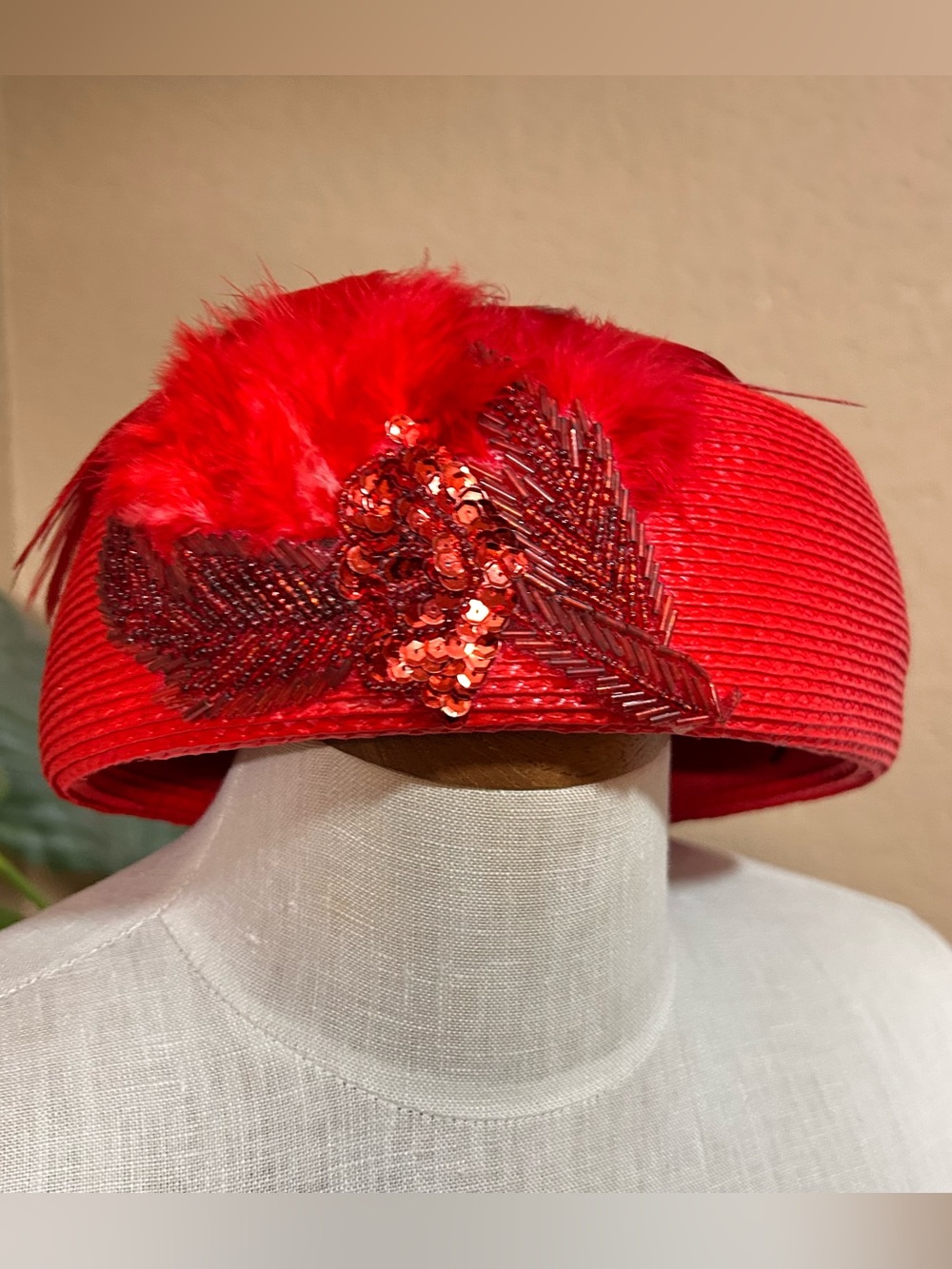 Vintage red pillbox hat with feathers 7 inch diameter